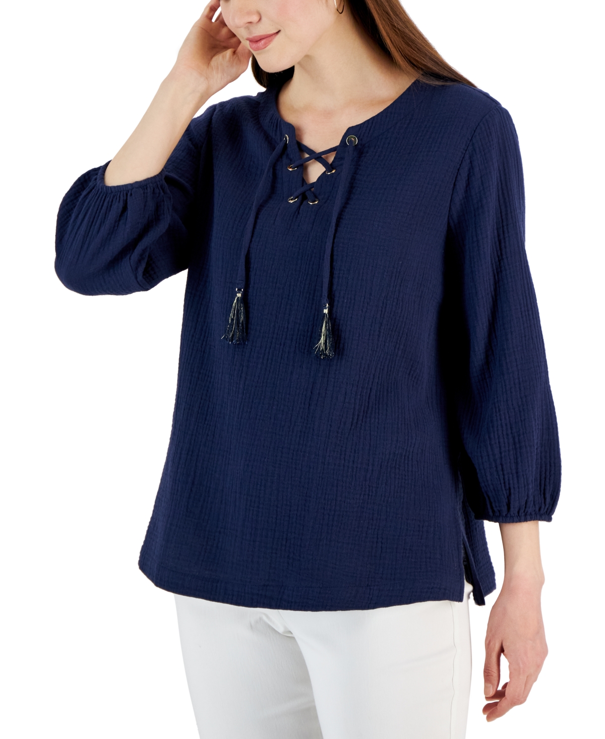 Women's Cotton Gauze Tasseled Lace-Up Top, Created for Macy's - Intrepid Blue