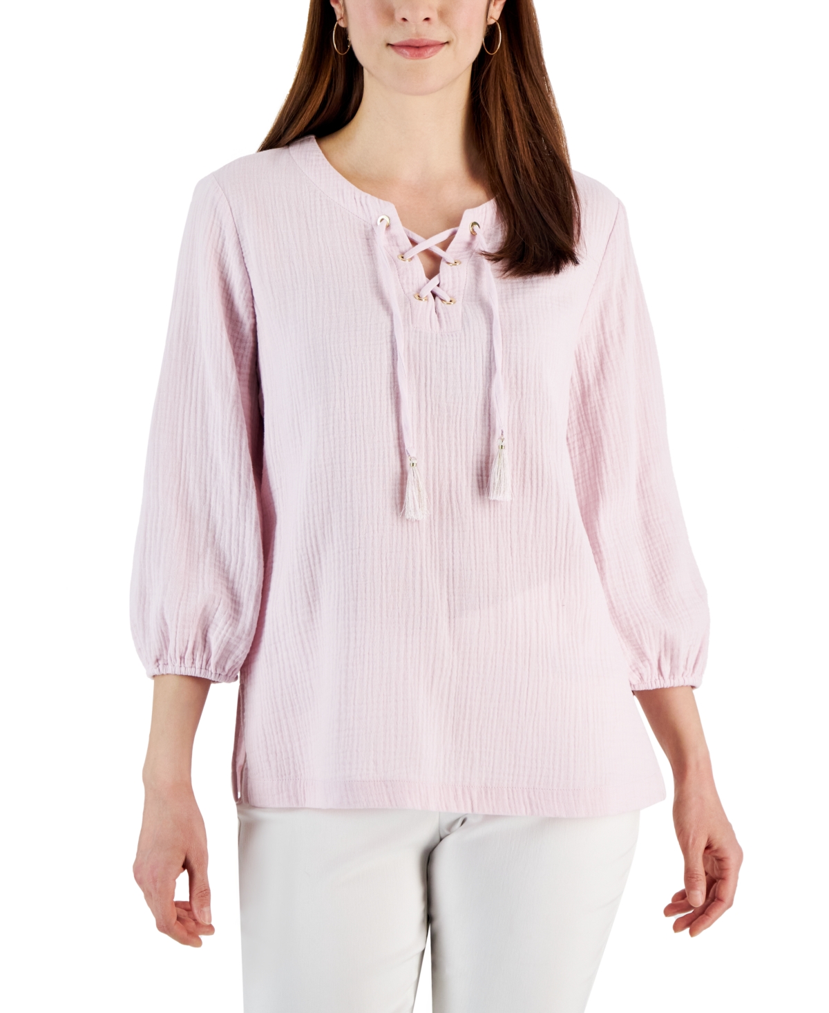 Women's Cotton Gauze Tasseled Lace-Up Top, Created for Macy's - Lilac Sky