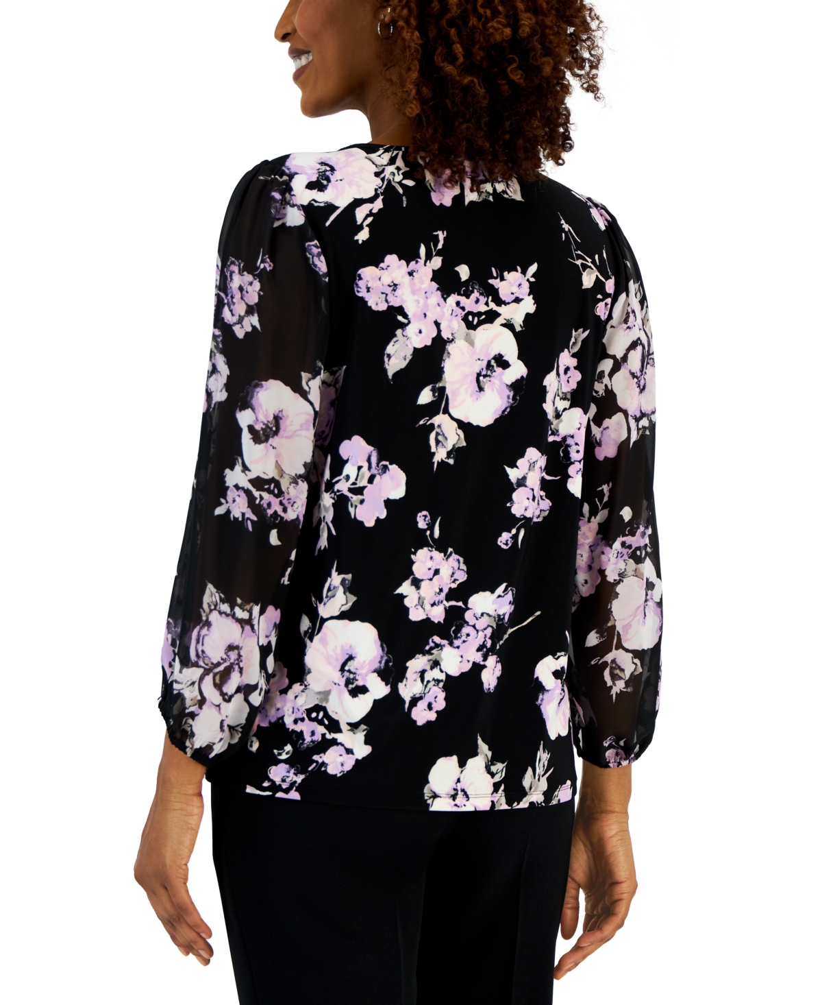 Shop Kasper Women's Floral-print Chiffon-sleeve Top In Black,lavendar Mist Multi