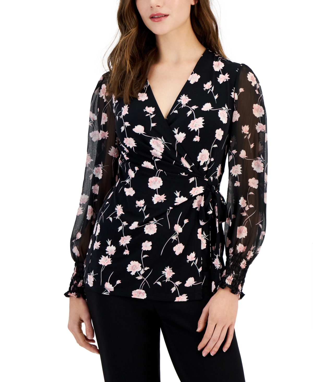 Shop Anne Klein Women's Floral-print Smocked Wrap Top In Black,cherry Blossom