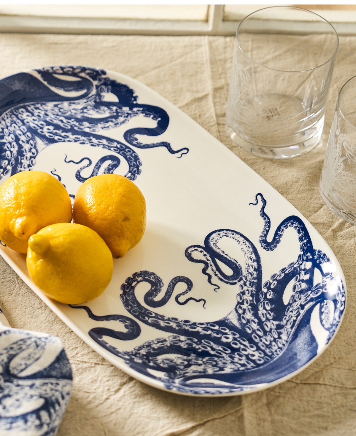 Caskata Lucy Octopus Large Coupe Oval Platter In Blue On White