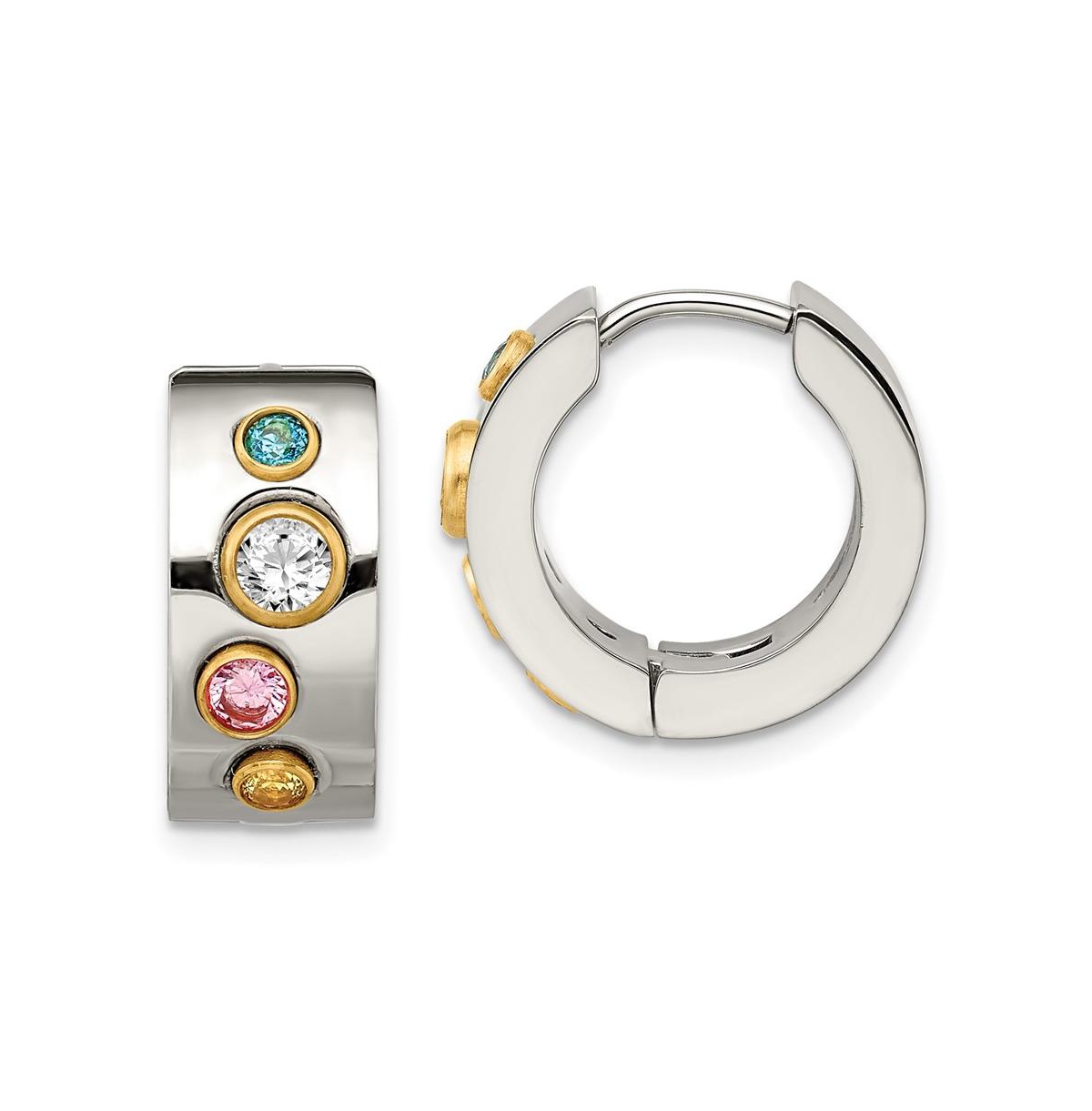 Stainless Steel Yellow Multicolor Cz Hinged Hoop Earrings - Silver