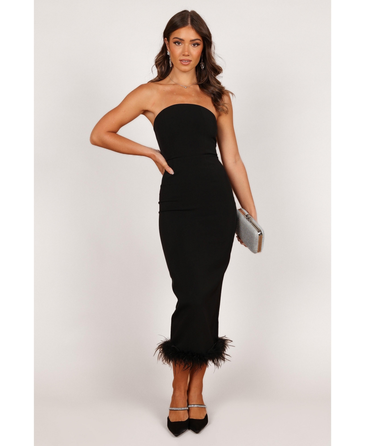 Women's Clara Feather Trim Midi Dress - Black - Black