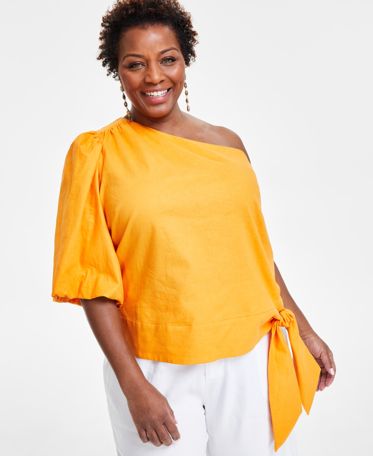 Inc International Concepts Plus Size Linen-blend One-shoulder Top, Created For Macy's In Mango Daquiri