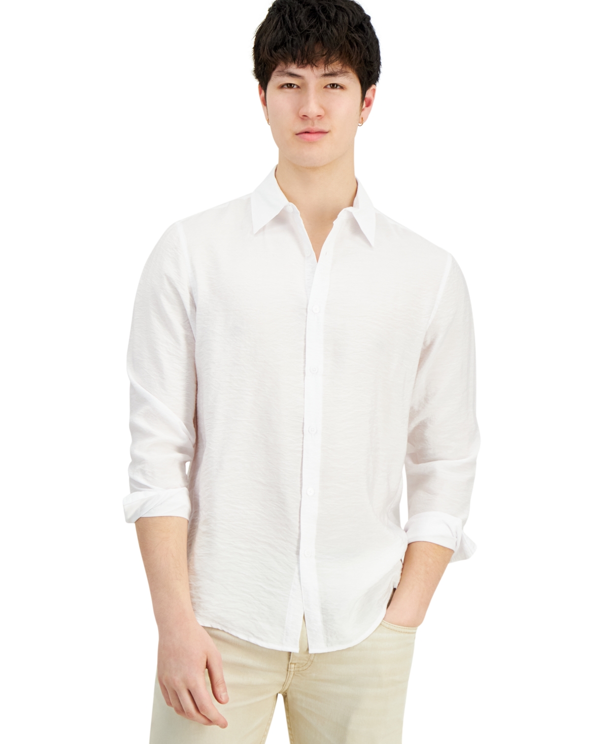 Shop Inc International Concepts Men's Dash Long-sleeve Button Front Crinkle Shirt, Created For Macy's In Bright White