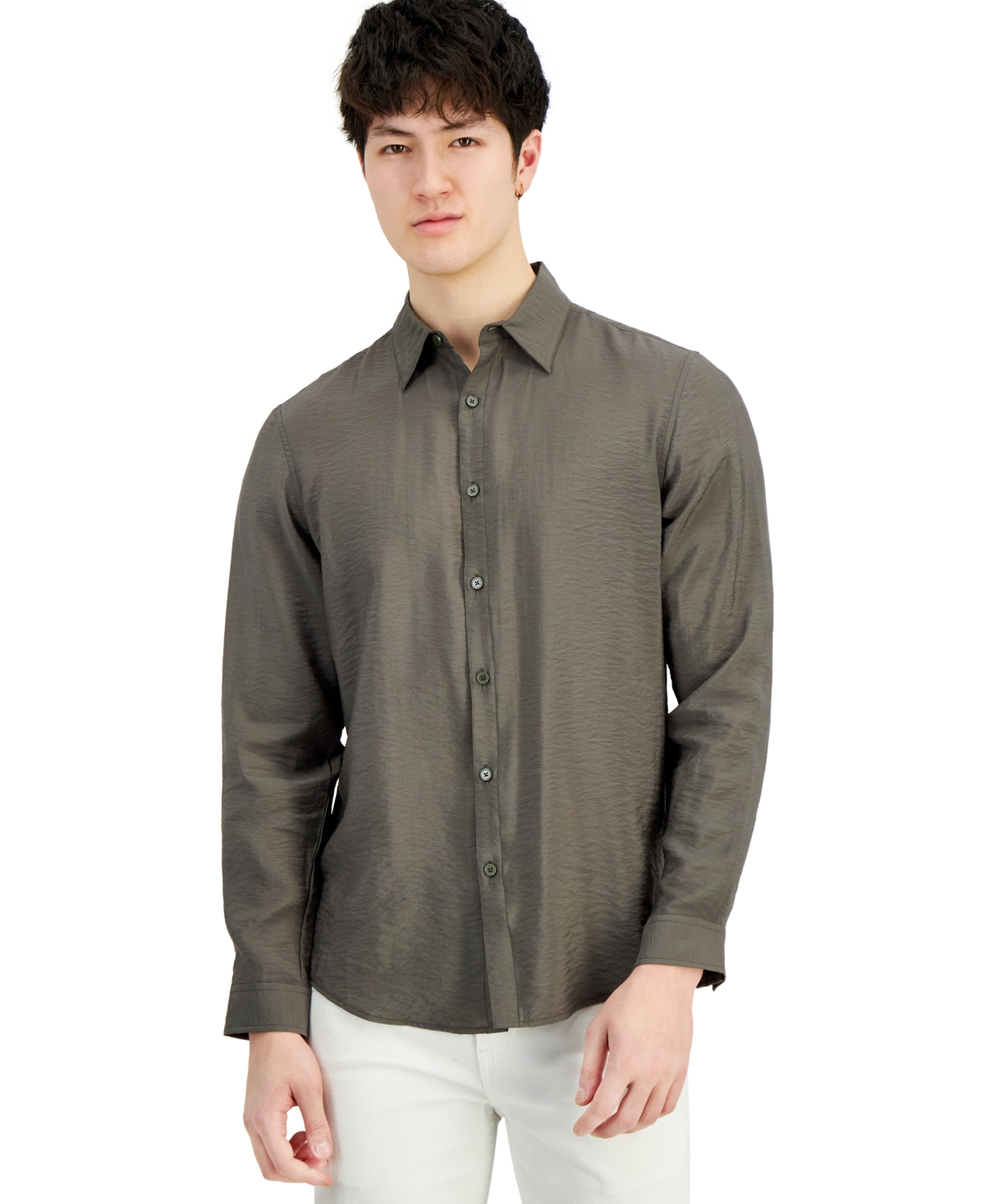 Shop Inc International Concepts Men's Dash Long-sleeve Button Front Crinkle Shirt, Created For Macy's In Olive Twist