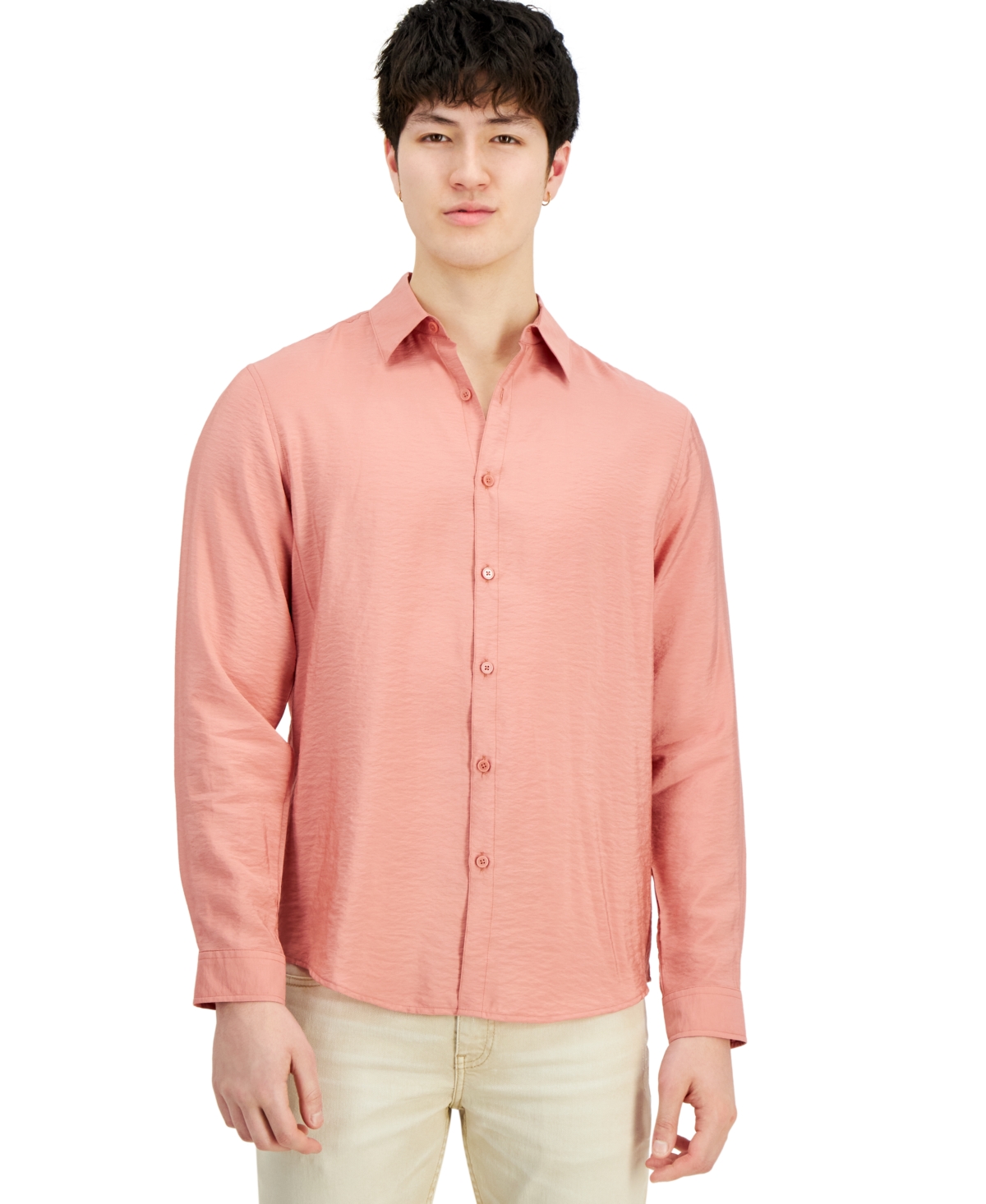 Shop Inc International Concepts Men's Dash Long-sleeve Button Front Crinkle Shirt, Created For Macy's In True Terracotta