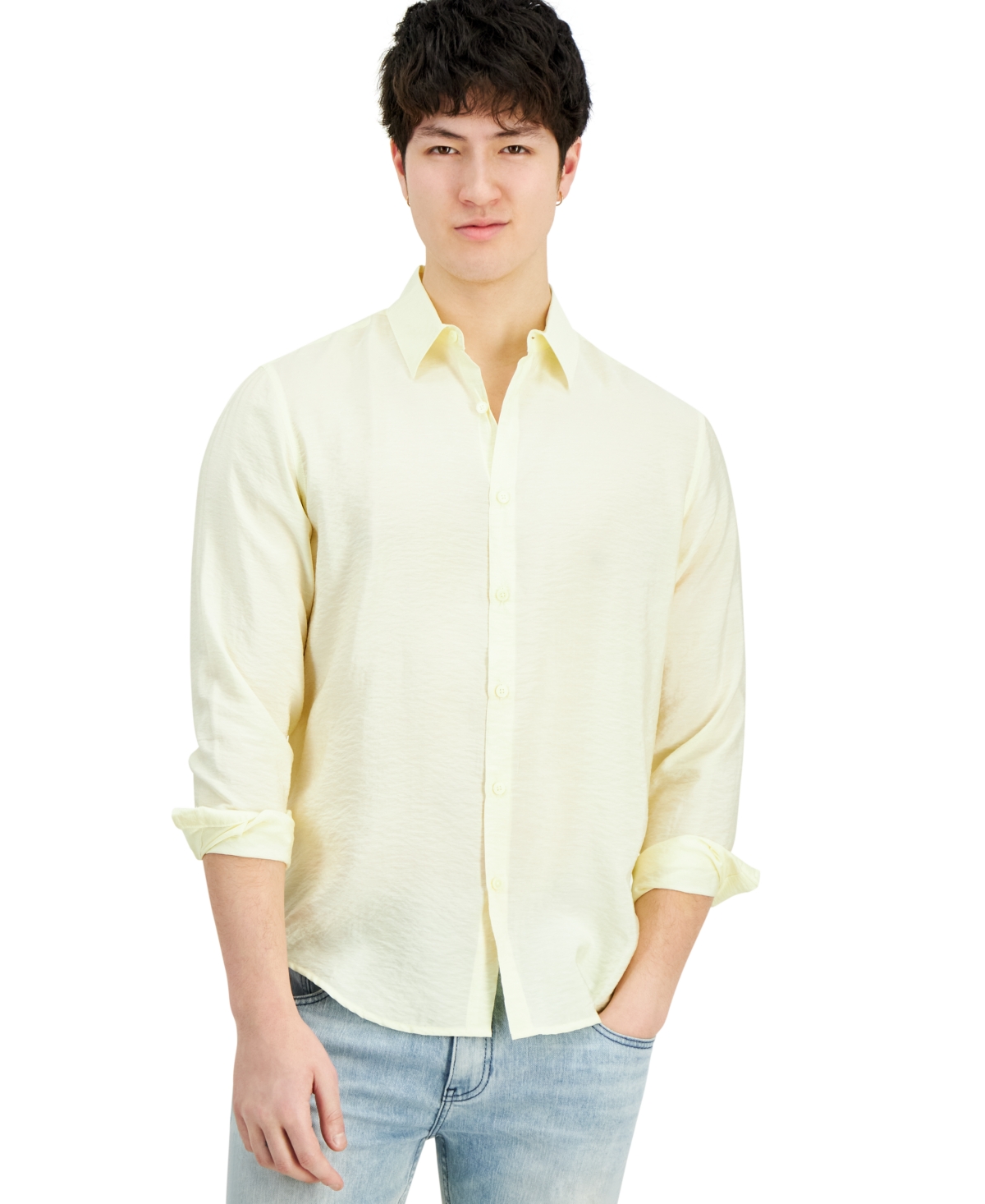 Shop Inc International Concepts Men's Dash Long-sleeve Button Front Crinkle Shirt, Created For Macy's In Trans Yellow