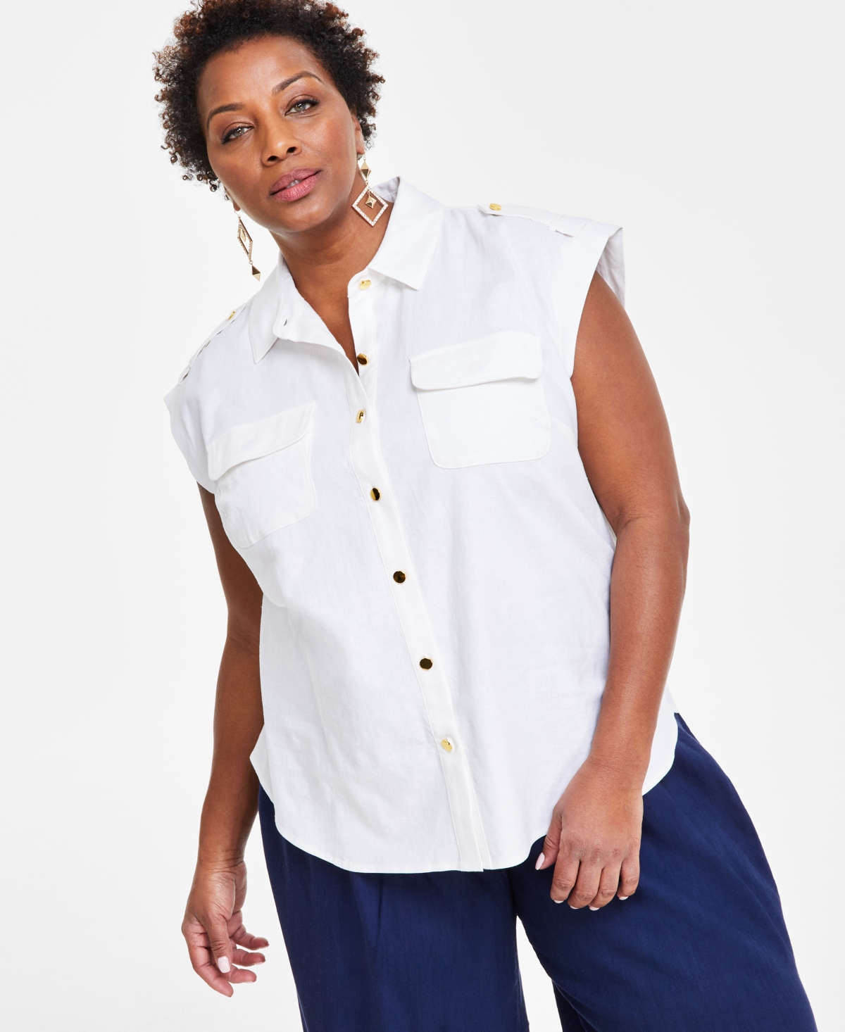 Inc International Concepts Plus Size Linen-blend Sleeveless Utility Shirt, Created For Macy's In Bright White