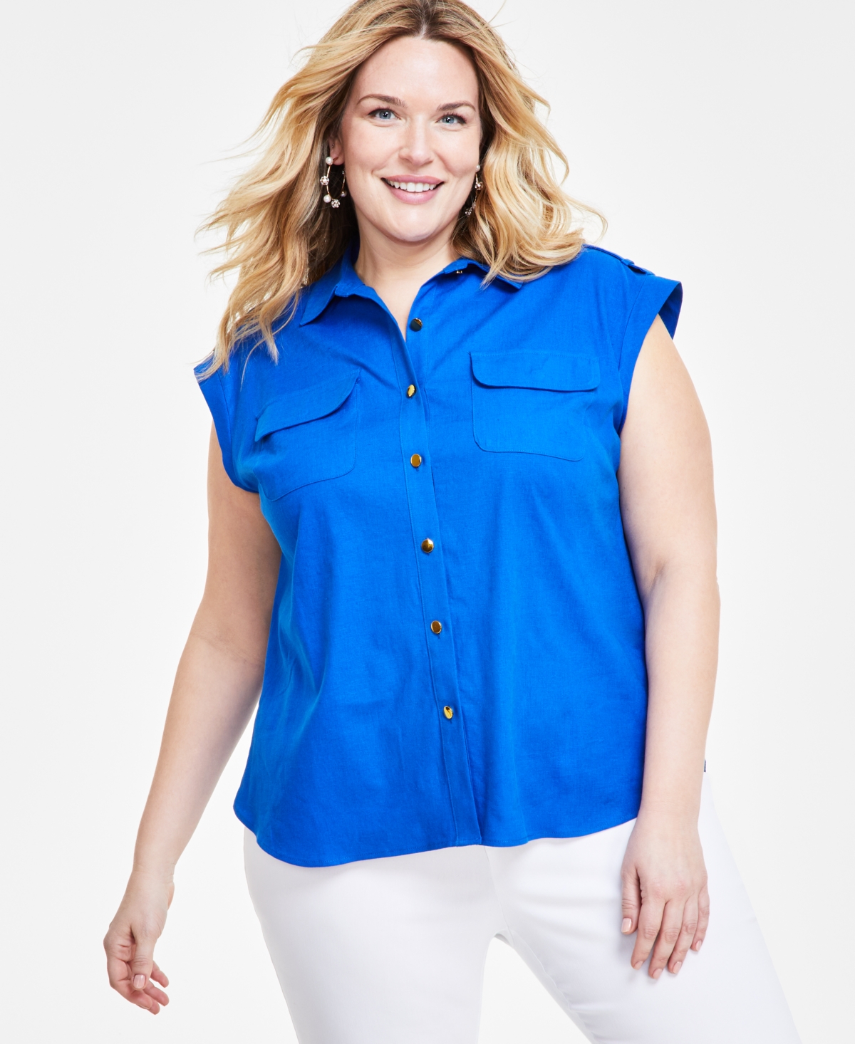 Inc International Concepts Plus Size Linen-blend Sleeveless Utility Shirt, Created For Macy's In Intense Cobalt