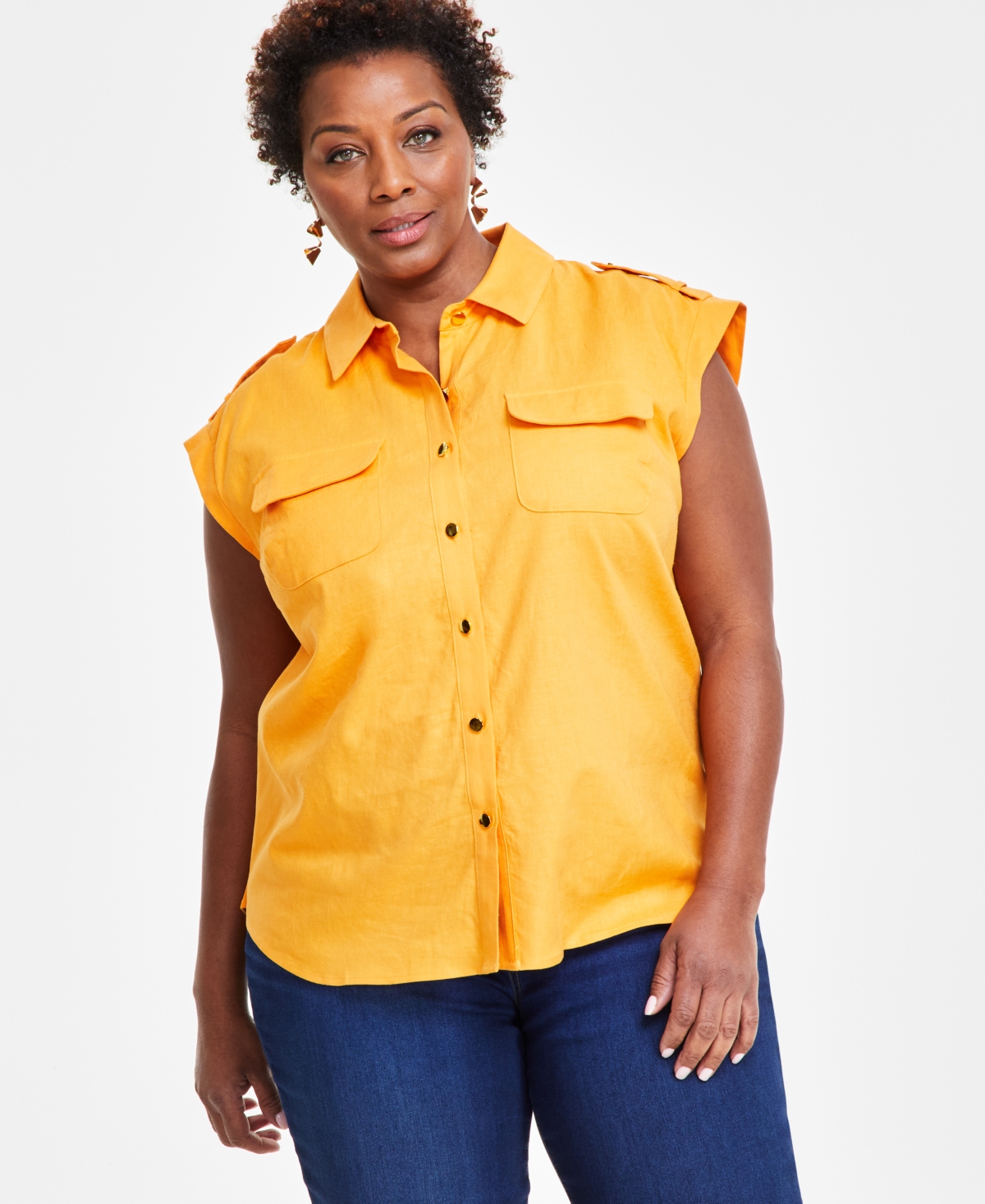 Inc International Concepts Plus Size Linen-blend Sleeveless Utility Shirt, Created For Macy's In Mango Daquiri