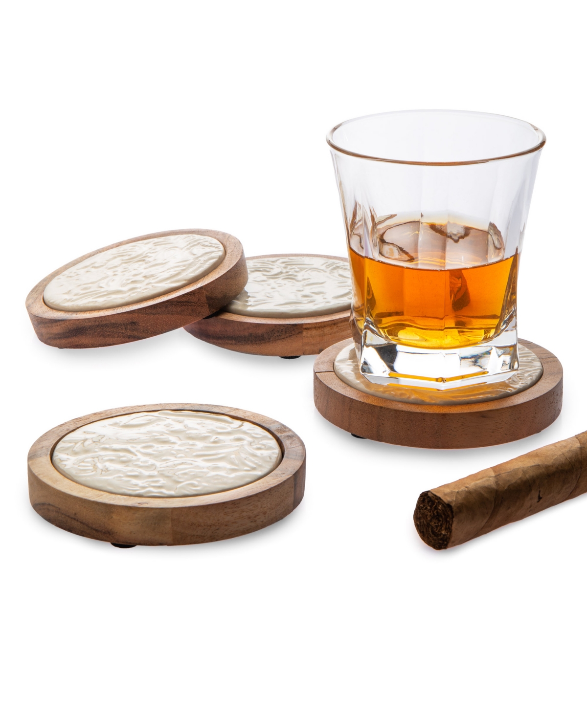 Godinger Acacia Wood Coasters With Floral Designs In Porcelain On Coasters, Set Of 4 In White