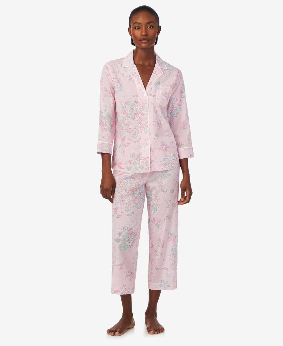Lauren Ralph Lauren Women's 2-pc 3/4 Sleeve Notch Collar Top And Capri Pants Pajama Set In Pink Print