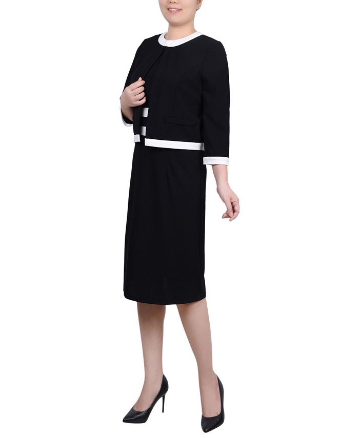 White Black Elbow Sleeve Colorblocked 2 Piece Dress Set