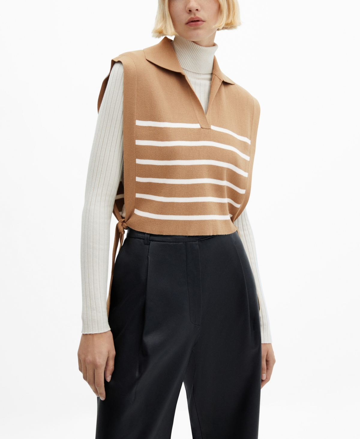 Mango Striped Gilet With Bow Detail Beige