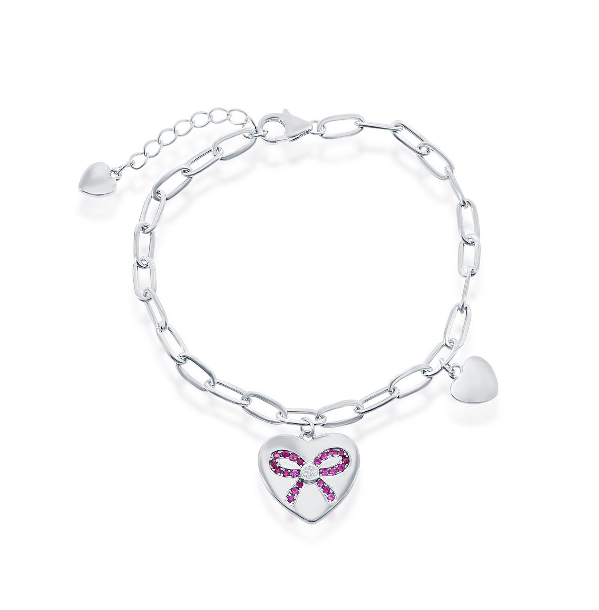 Sterling Silver Heart with Ruby Cz Ribbon Paperclip Bracelet - Silver