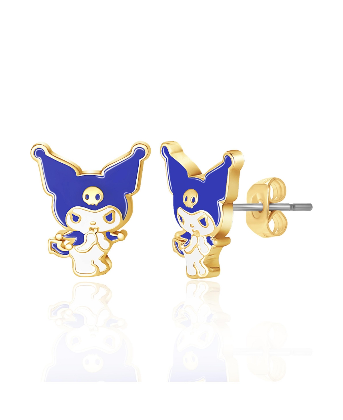 Sanrio Hello Kitty Kuromi Brass Flash Plated Enamel Stud Earrings - White, blue