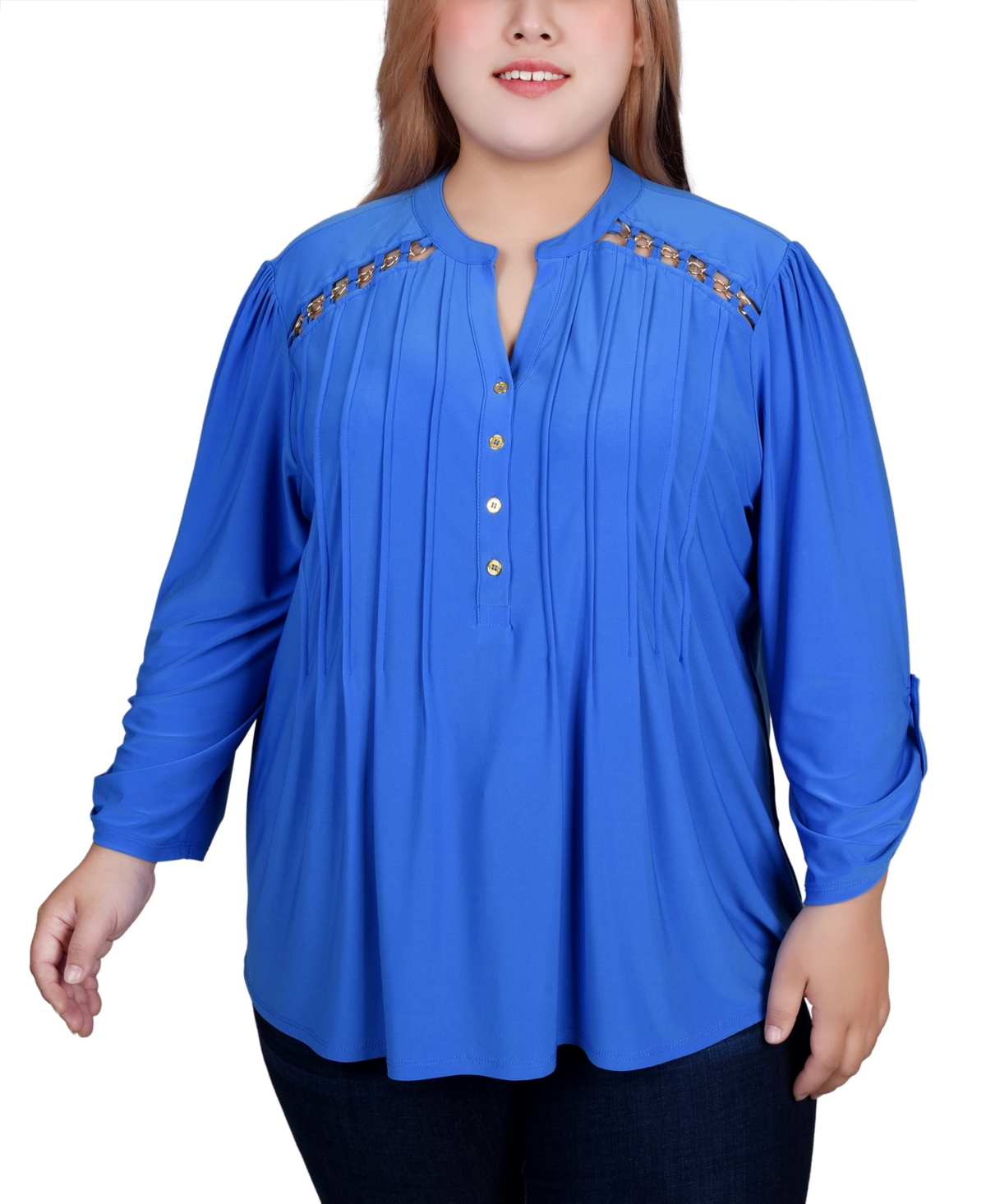 Ny Collection Plus Size Long Sleeve Pintuck Front Top With Chain Details In Supersonic