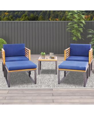 5 Piece Patio Acacia Wood Chair Set with Ottomans and Coffee Table-Navy