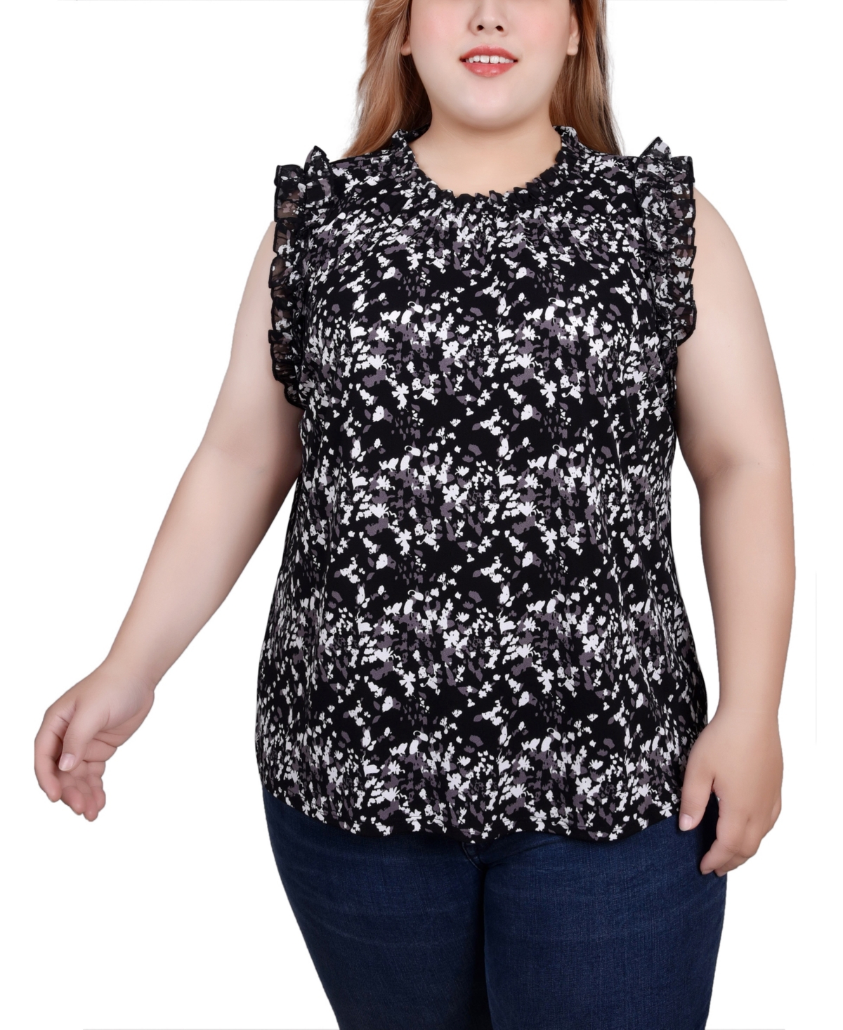 Ny Collection Plus Size Sleeveless Crepe Top With Chiffon Ruffles In Black Gray Floral