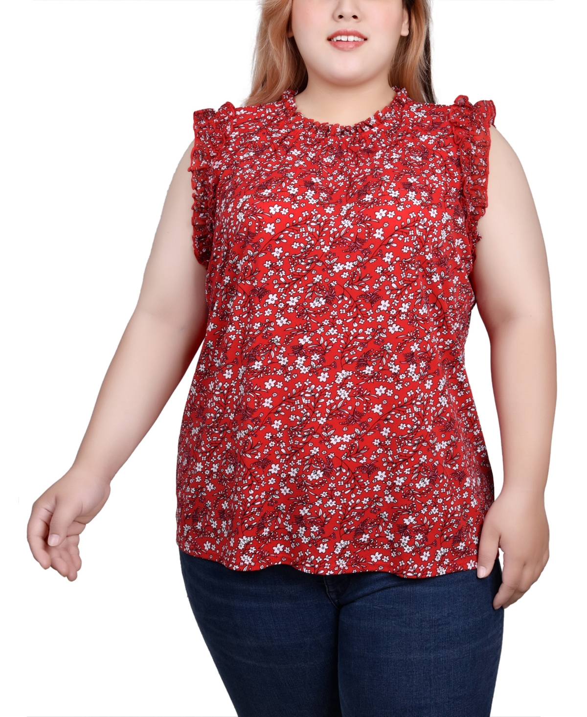 Ny Collection Plus Size Sleeveless Crepe Top With Chiffon Ruffles In Red Ditsy
