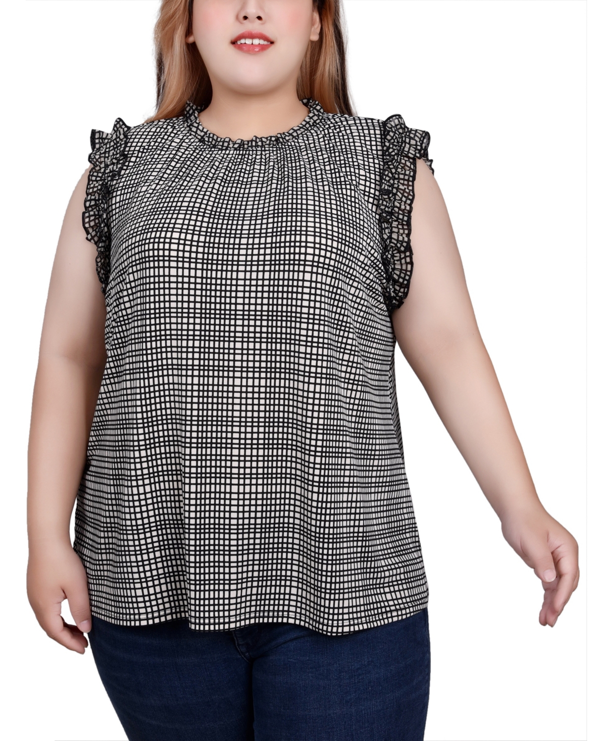 Ny Collection Plus Size Sleeveless Crepe Top With Chiffon Ruffles In Windowpane