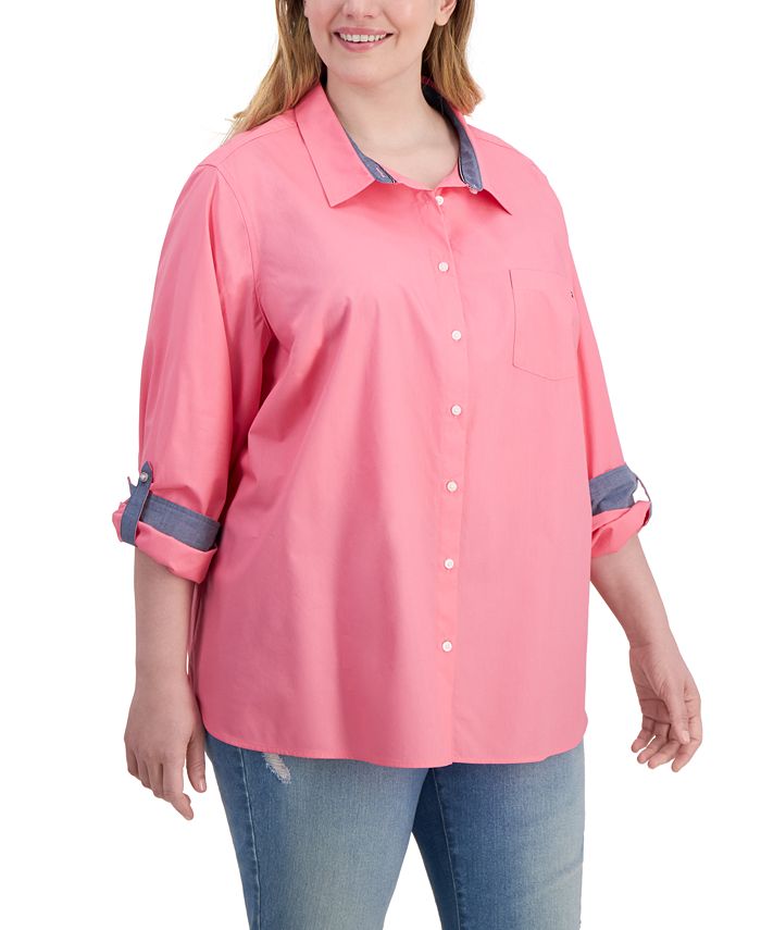 Tommy Hilfiger Plus Size Cotton Roll-Tab Shirt - Macy's