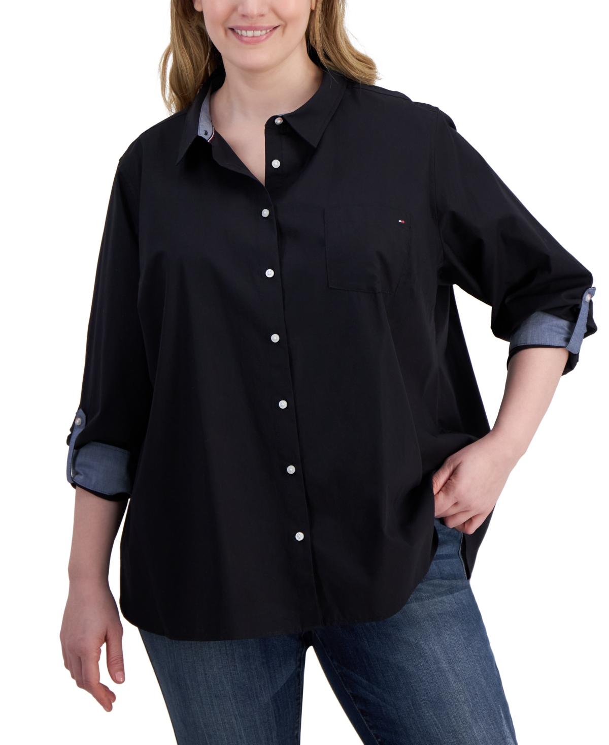 Shop Tommy Hilfiger Plus Size Cotton Roll-tab Shirt In Black