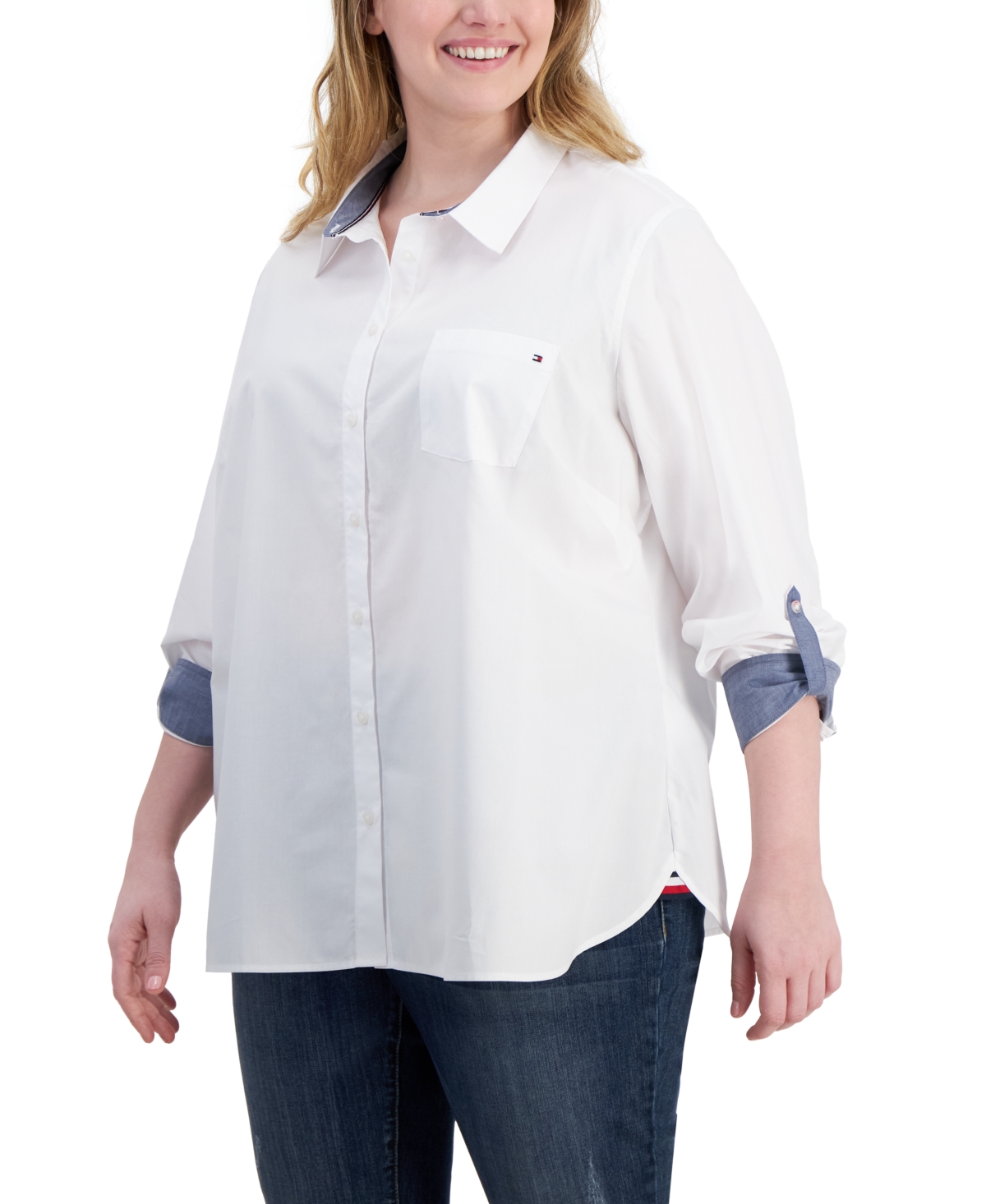 Shop Tommy Hilfiger Plus Size Cotton Roll-tab Shirt In White