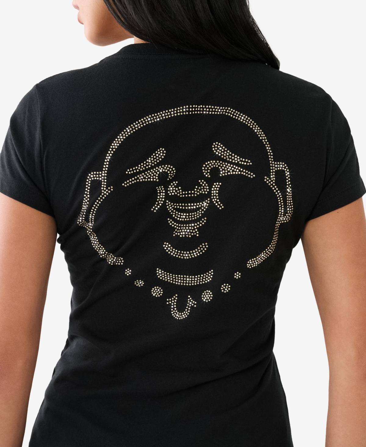 True Religion Women's Short Sleeve Crystal Buddha Slim V-neck T-shirt