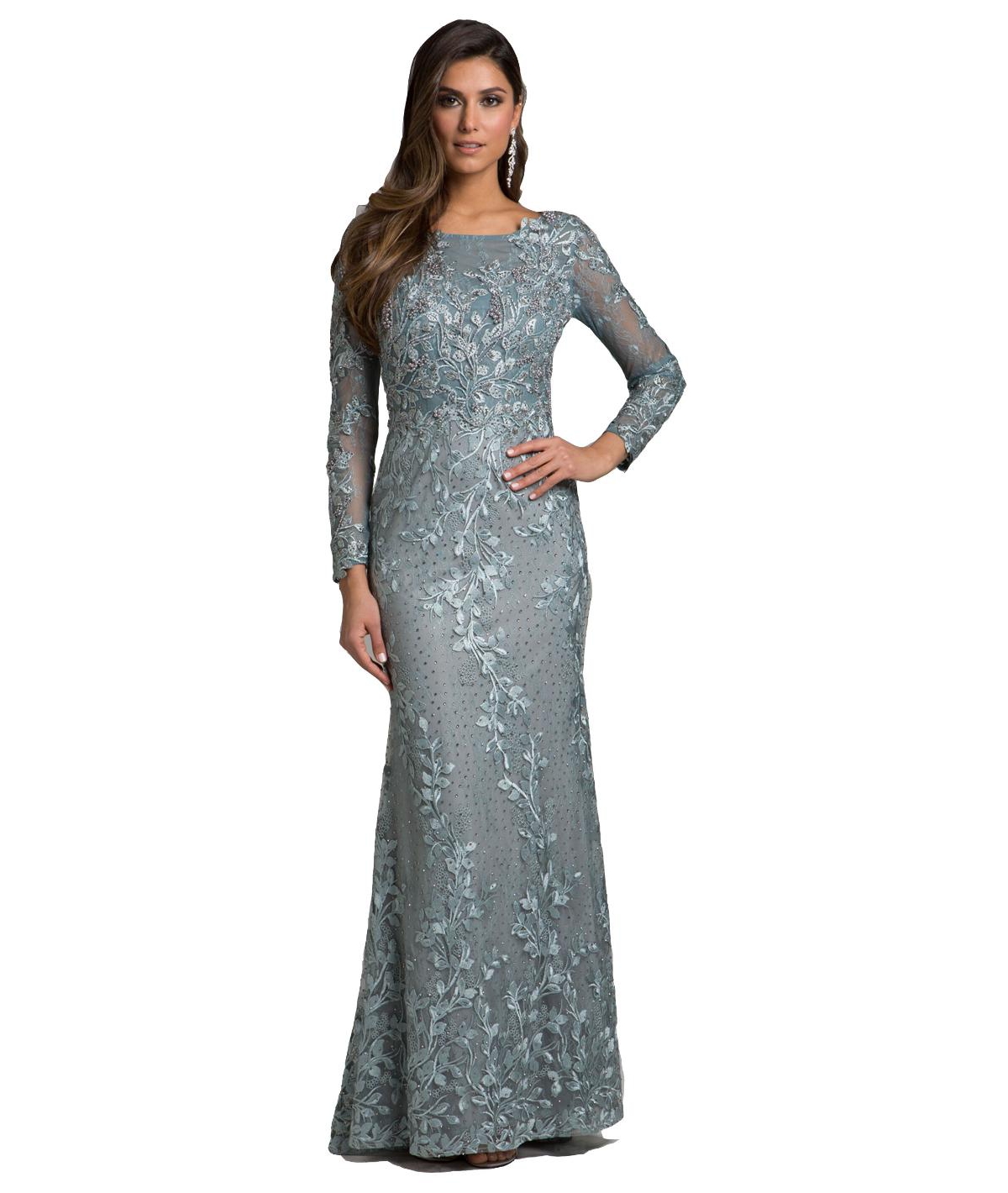 Women's Long Sleeve Lace Dress With Lace Appliques - Silver sage