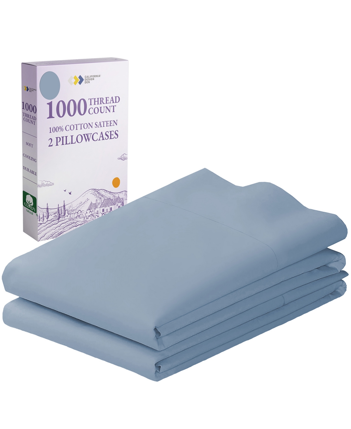 California Design Den Luxury 1000 Thread Count / Standard Pillow Cases Set of 2 - 100% Cotton Sateen, Smooth and Crisp Premium Pillow Cases - Bl