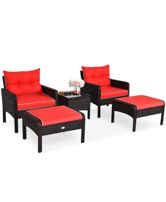 5 Pcs Patio Rattan Sofa Ottoman Furniture Set with Cushions