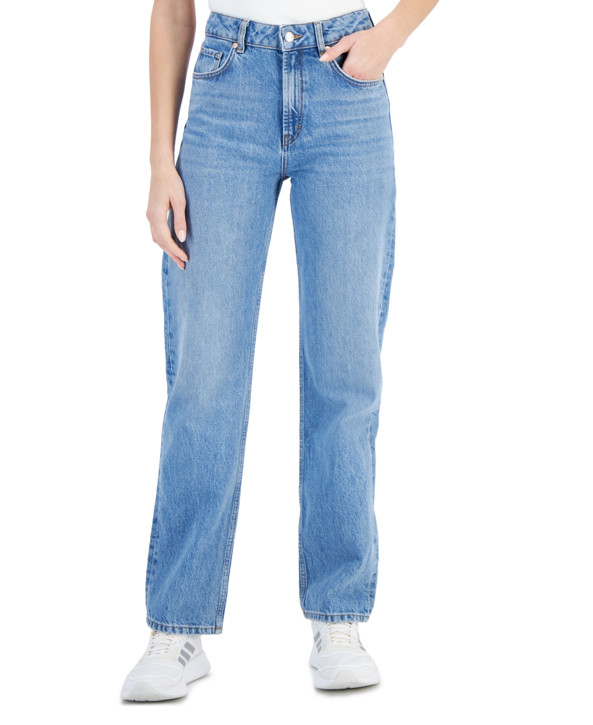 Shop Hugo Women's Medium Wash Straight-leg High-rise Denim Jeans In Bright Blue