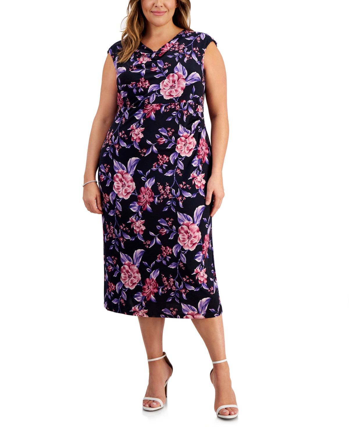 Connected Plus Size Printed Cowlneck Midi Dress In Nyw