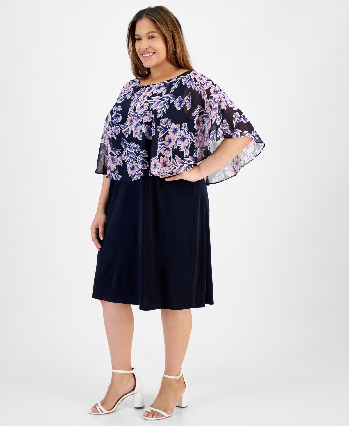 Shop Connected Plus Size Floral-chiffon Cape Sheath Dress In Nvy
