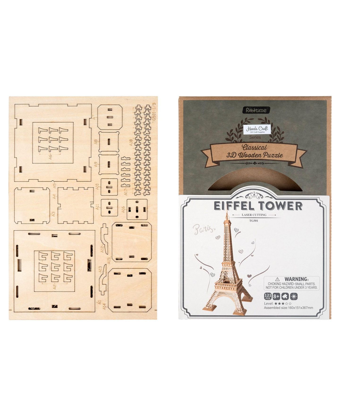 Детские конструкторы Flash Popup Eiffel Tower 3D Wooden Laser-Cut Puzzle, 121-Piece, Ages 8+ — фото 2