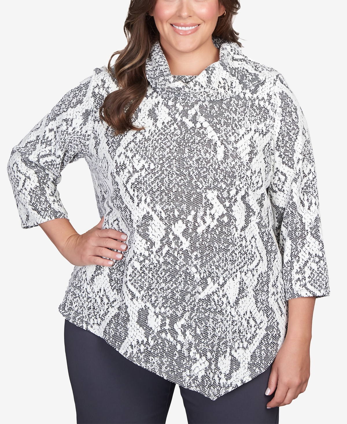 Ruby Rd. Plus Size Chenille Snakeskin Print Jacquard Top In Ivory,black