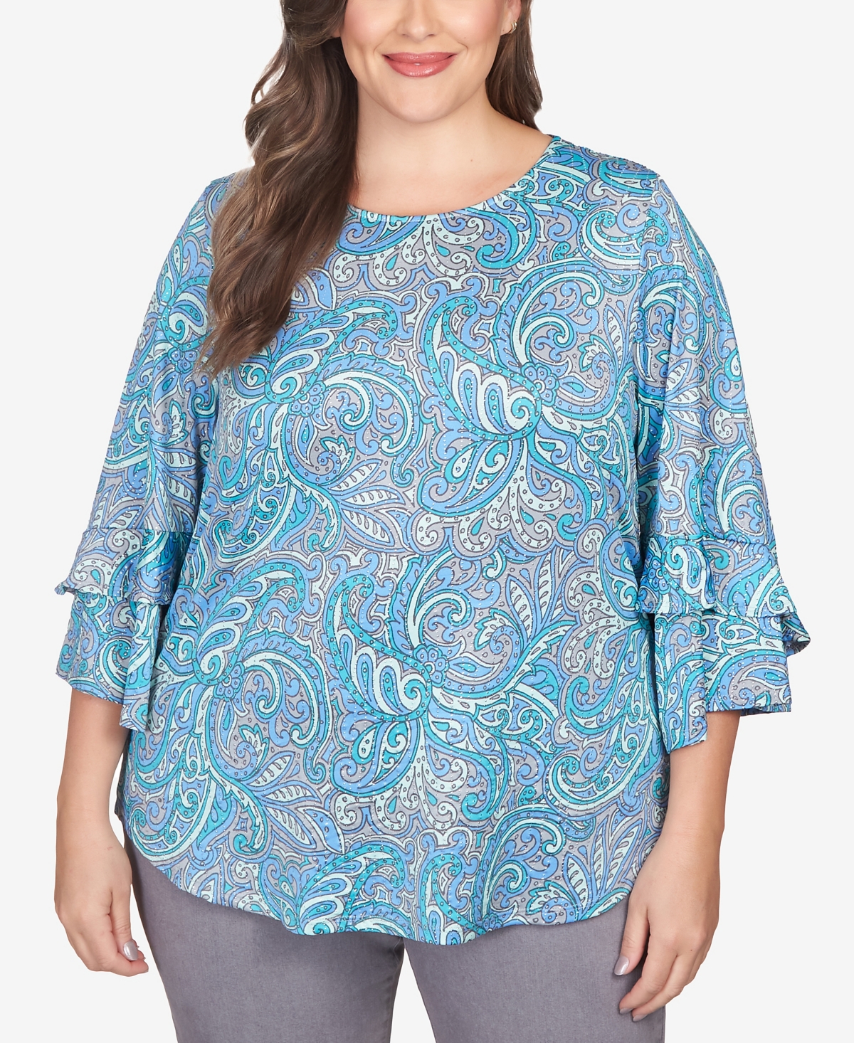 Ruby Rd. Plus Size Paisley Dew Drop Knit Top With Ruffle Sleeves In French Blue Multi