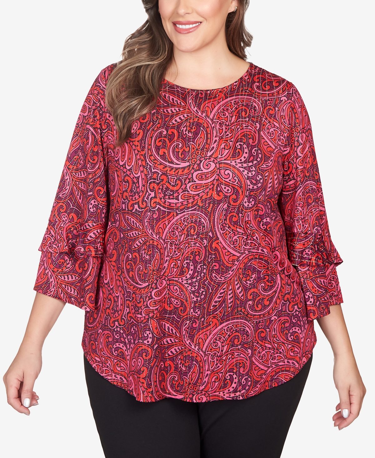 Ruby Rd. Plus Size Paisley Dew Drop Knit Top With Ruffle Sleeves In Lipstick Multi
