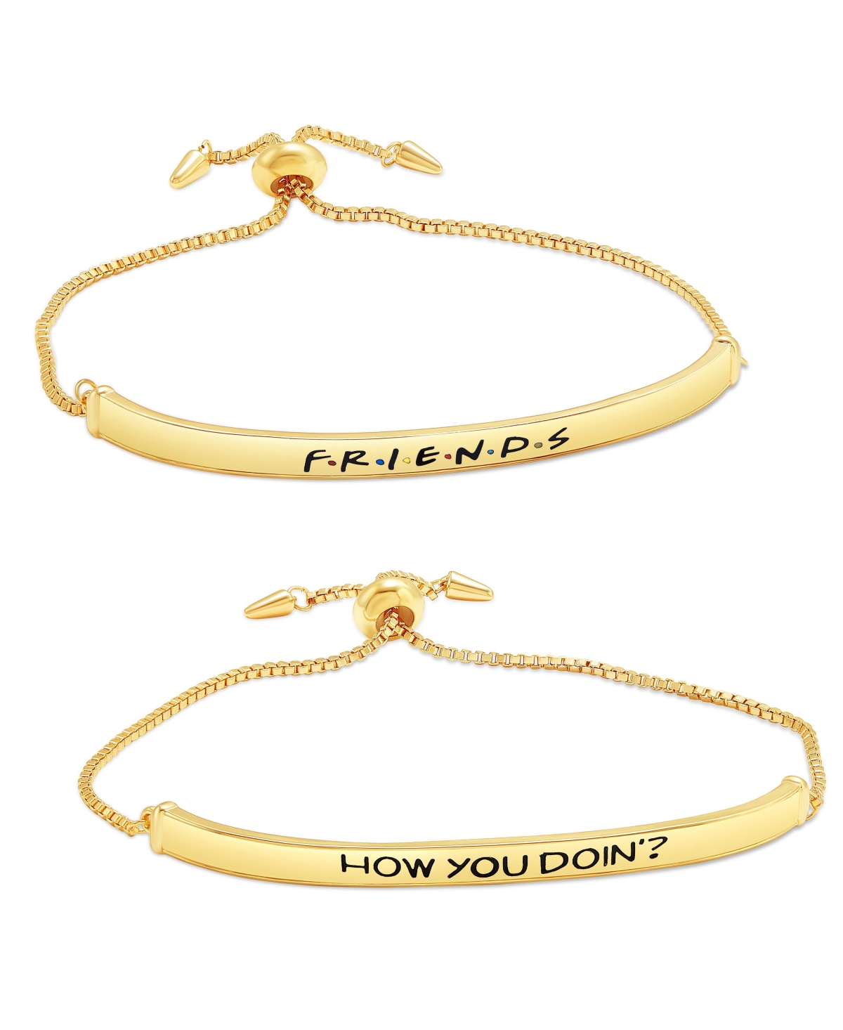Tv Show Themed Gold Plated Bar Bracelets, Logo and How You Doin' - Set of 2 - Gold tone