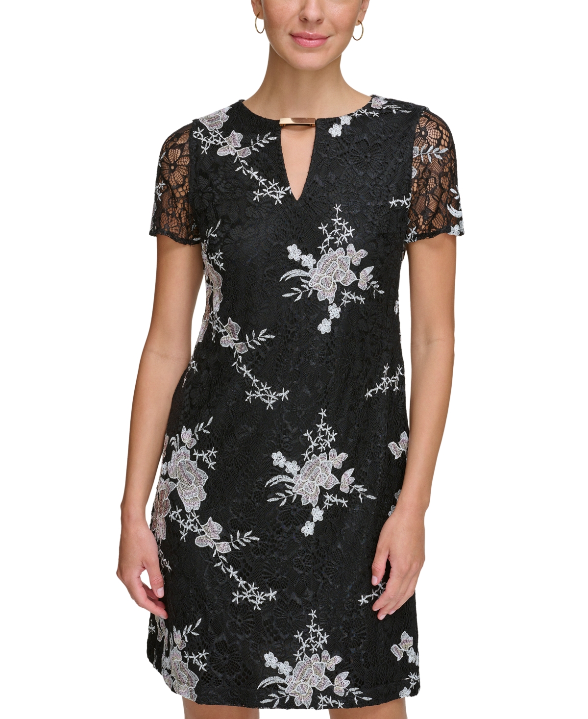 Shop Kensie Women's Short-sleeve Embroidered-lace Sheath Dress In Black Multi