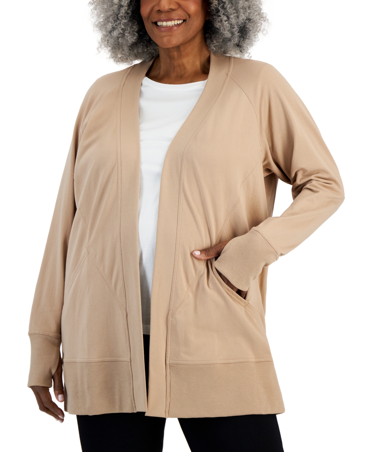Shop Id Ideology Plus Size Comfort Thumbhole Cardigan Sweater, Created For Macy's In Organic Sand