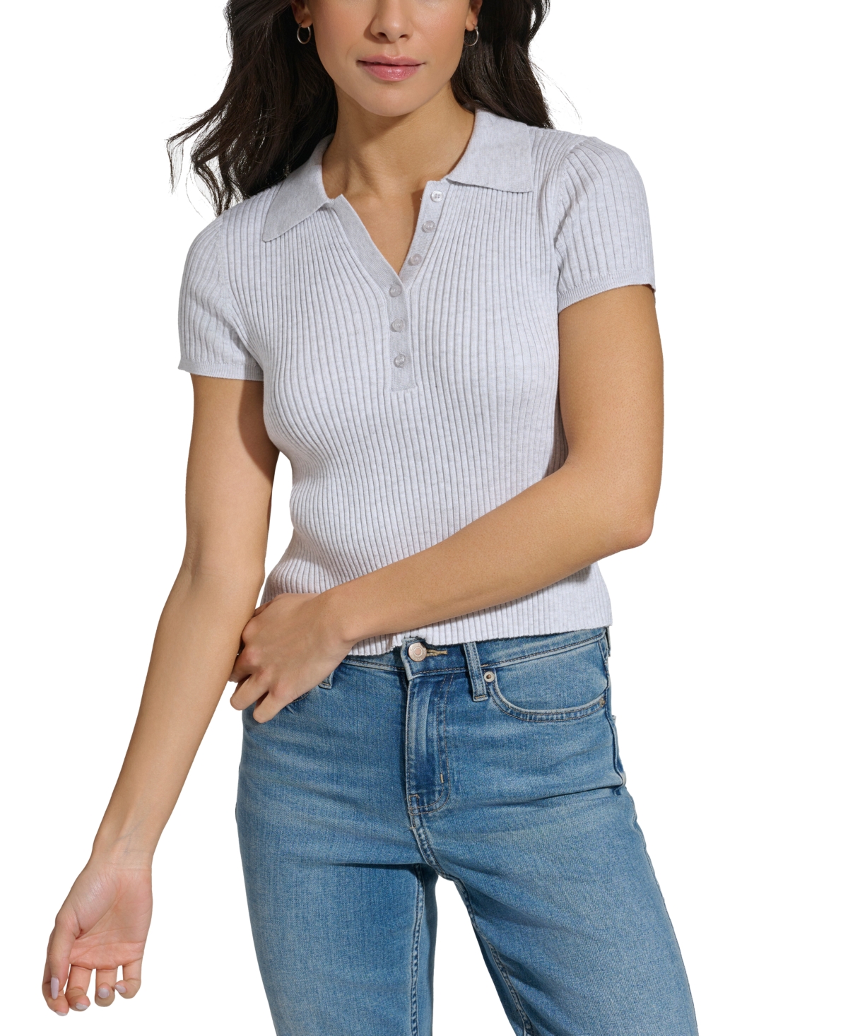 Calvin Klein Jeans Est.1978 Women's Ribbed Short-sleeve Polo Shirt In Optic Heather