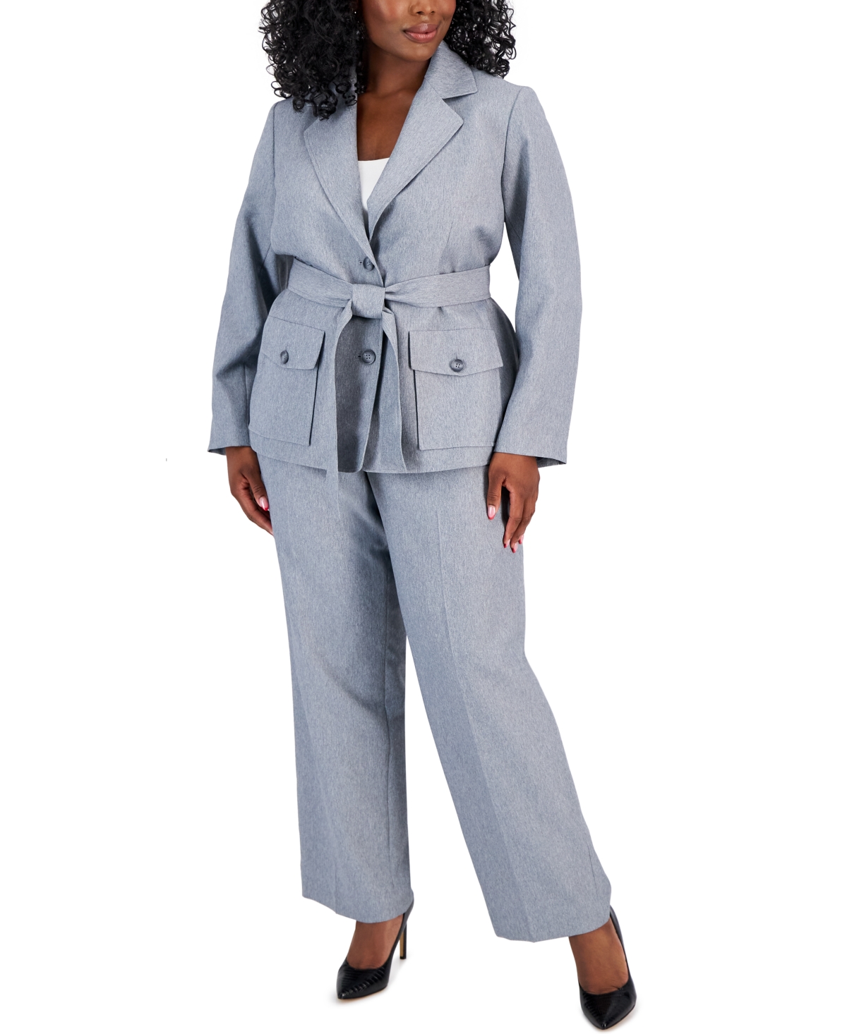 Plus Size Belted Safari Jacket Pantsuit - Light Grey Multi