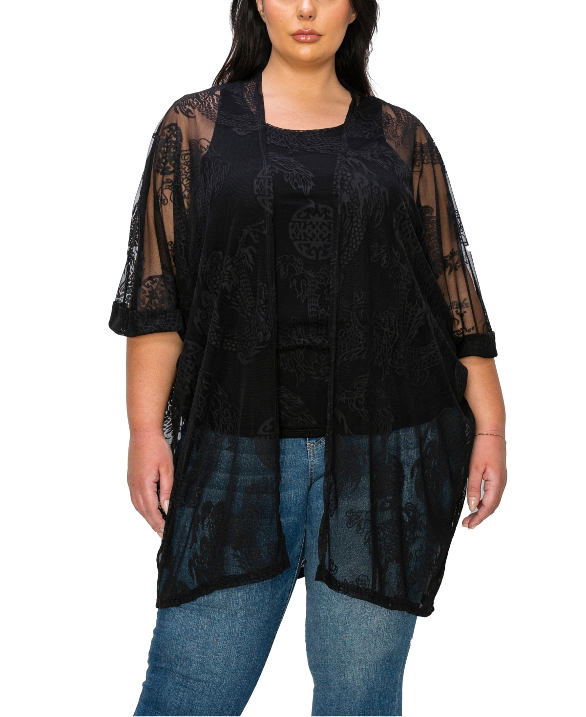 Plus Size Dragon Print Mesh Roll Sleeve Kimono Top - Rust Black