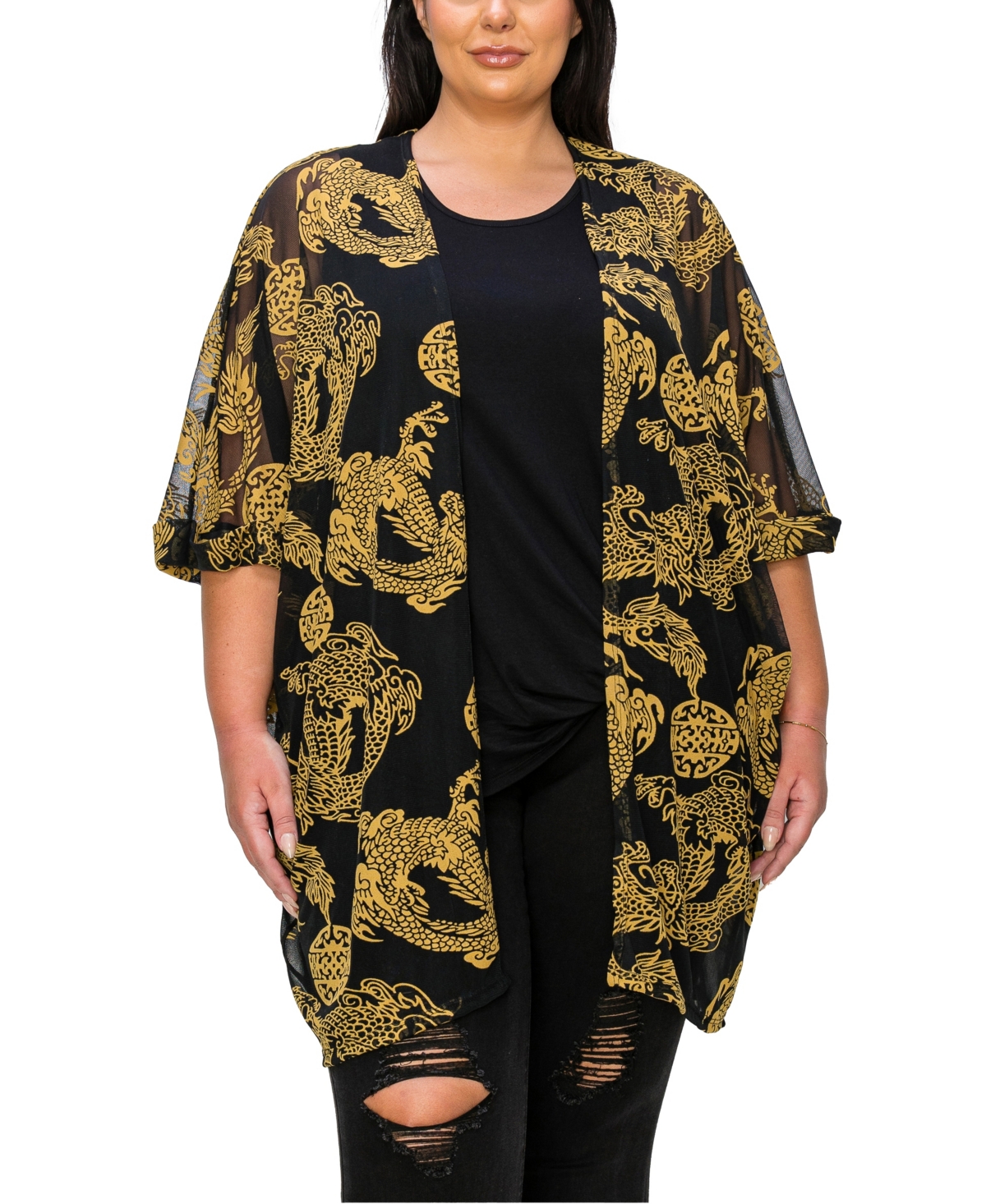 Plus Size Dragon Print Mesh Roll Sleeve Kimono Top - Rust Black