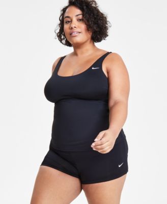 Shop Nike Plus Size Solid Essential Scoop Neck Tankini Top Kick Swim Shorts In Black