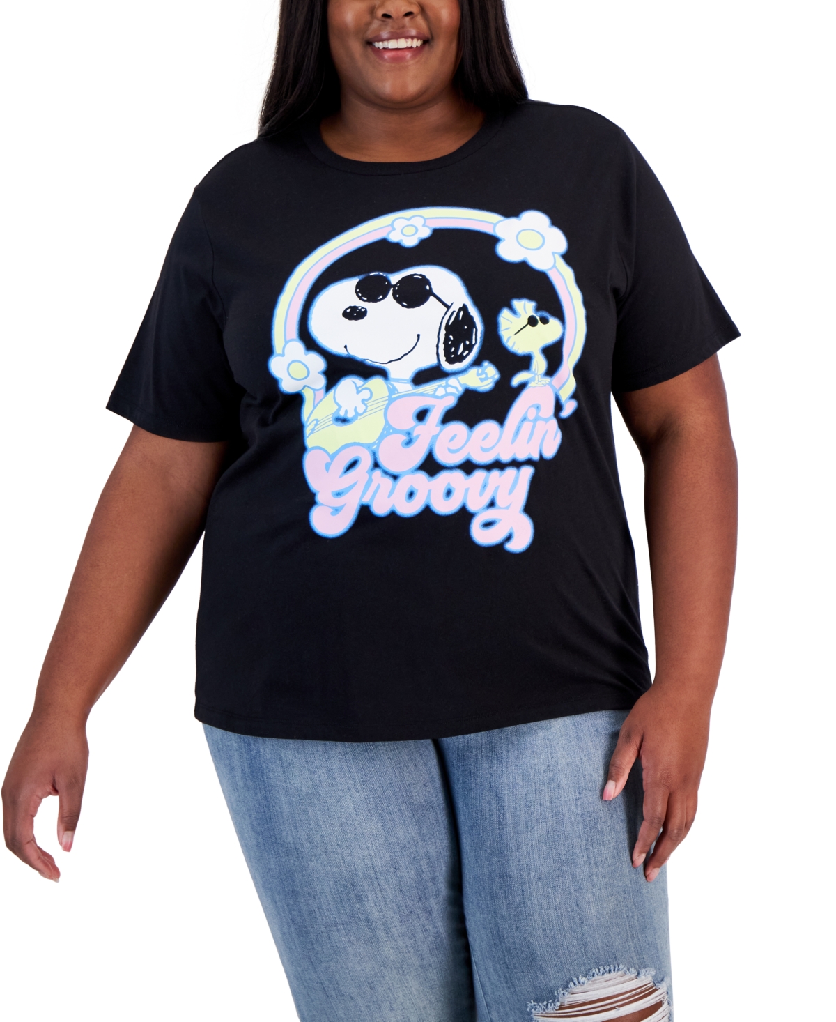 Trendy Plus Size Snoopy Groovy Cotton T-Shirt - Black