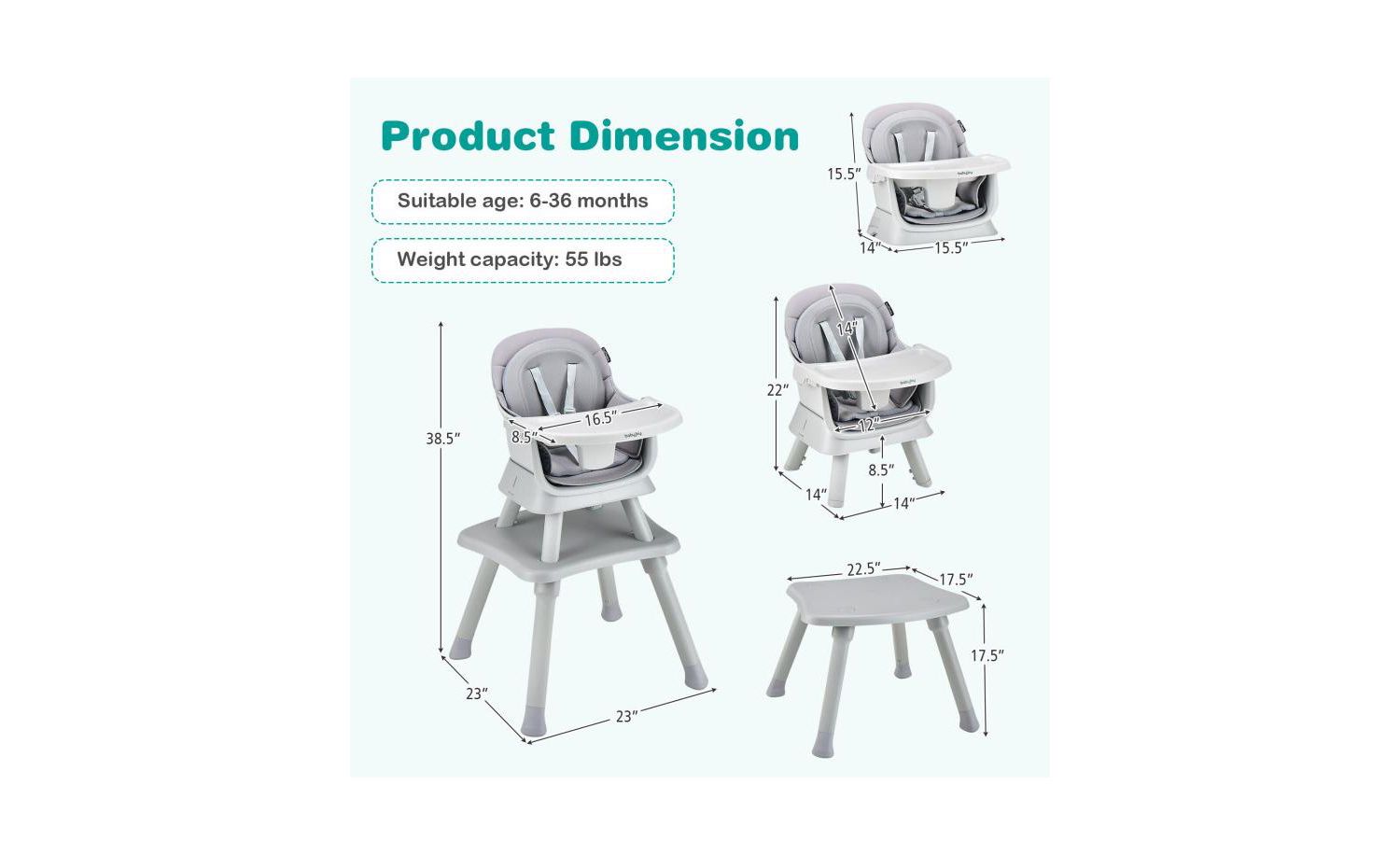 8-in-1 Convertible Baby High Chair with Adjustable Removable Tray